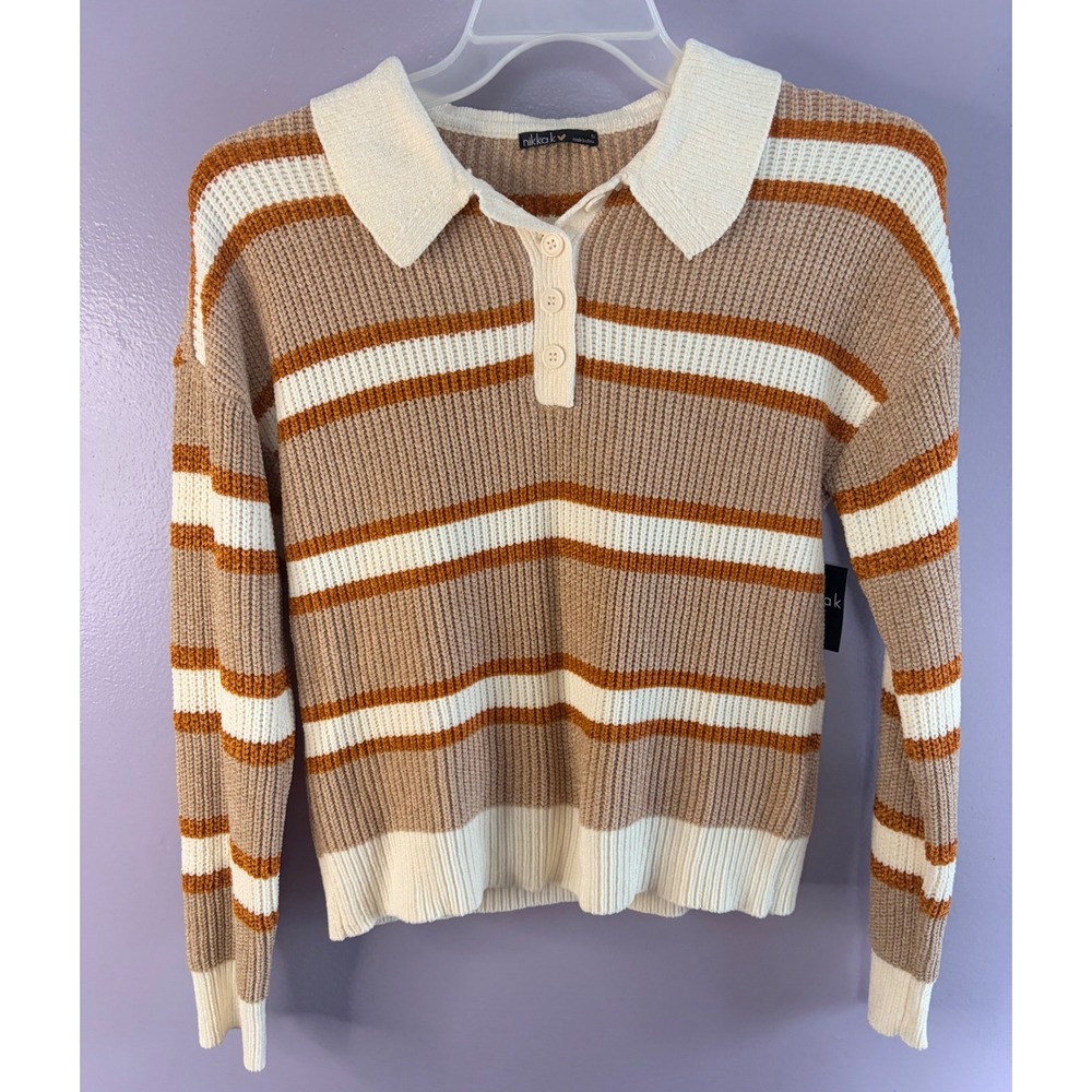 Nikkak Striped Collared Knit Sweater Small Tan Orange Retro Preppy‎ Polo Top